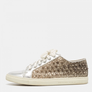 Philipp Plein Silver/Gold Leather And Glitter Spike Sneakers Size 36