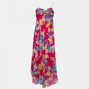 Pre Owned Polo Ralph Lauren Pink Floral Silk Spaghetti Strap Midi Dress M