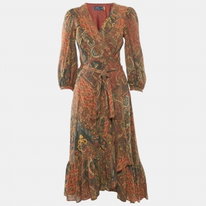 Polo Ralph Lauren Multicolor Printed Cotton Flounce Midi Wrap Dress M