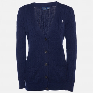 Pre Owned Polo Ralph Lauren Navy Blue Cable Knit Button Front Cardigan M