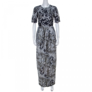 Prabal Gurung Metallic Silver & Navy Jacquard Short Sleeve Dress S