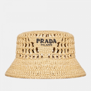 Prada Beige Logo Crochet Raffia Bucket Hat S