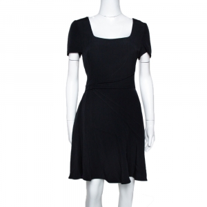 Prada Black Cady Crepe Short Sleeve Flared Dress M