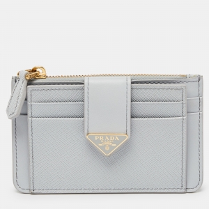 Prada Grey Saffiano Leather Zip Card Holder