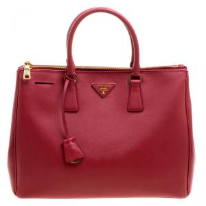 Pre Owned Prada Red Saffiano Lux Leather Large Double Zip Tote