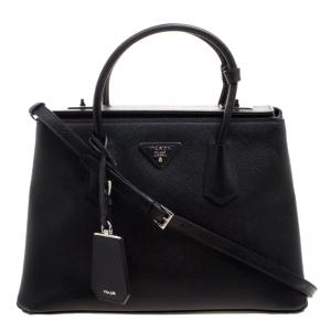 Pre Owned Prada Black Saffiano Cuir Leather Twin Tote