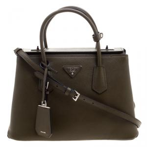 Pre Owned Prada Military Green Saffiano Cuir Leather Twin Tote