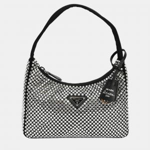 مملوكة مسبقًا حقيبة كتف ميني برادا ساتان أسود معاد الإصدار مزينة بكريستال