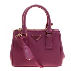 Pre Owned Prada Fuchsia Saffiano Lux Leather Mini Double Zip Shoulder Bag