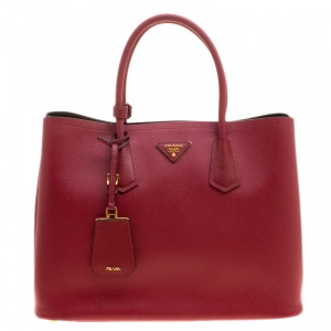 Pre Owned Prada Red Saffiano Cuir Leather Double Handle Tote