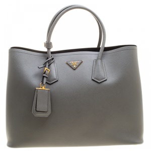 Pre Owned Prada Grey Saffiano Cuir Leather Double Handle Tote