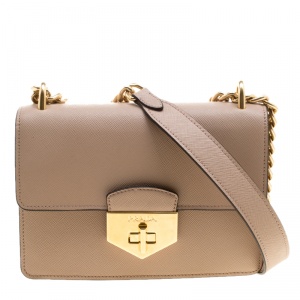 Pre Owned Prada Beige Saffiano Soft Cahier Leather Flap Shoulder Bag