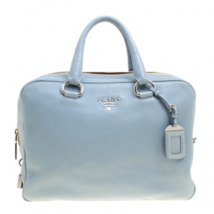 Prada Dusty Blue Vitello Diano Leather Bowler Bag