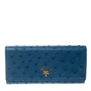 Pre Owned Prada Blue Ostrich Leather Continental Wallet