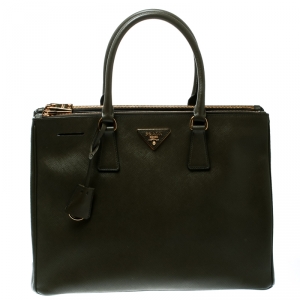 Pre Owned Prada Green Saffiano Lux Leather Large Double Zip Tote