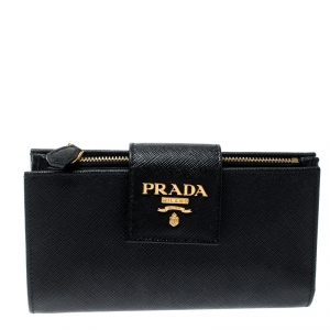 Pre Owned Prada Black Saffiano Metal Leather Continental Wallet