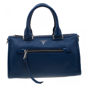 Prada Blue Leather Front Zip Convertible Bowler Bag