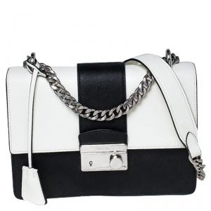 Pre Owned  Prada White/Black Saffiano Leather Pattina Bianco Shoulder Bag