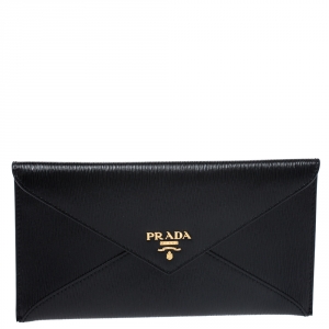 Pre Owned Prada Black Vitello Move Leather Envelope Wallet