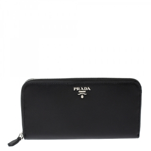 Pre Owned Prada Black Saffiano Leather Zip Around Wallet