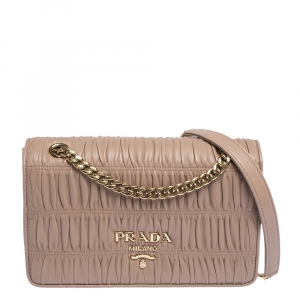 Pre Owned Prada Nude Beige Gaufre Leather Flap Chain Shoulder Bag