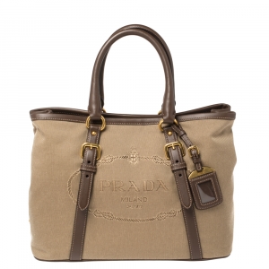 Pre Owned Prada Beige/Brown Canapa Canvas and Leather Tote