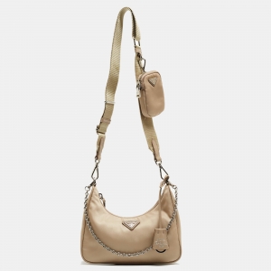 Pre Owned Prada Beige Nylon and Leather Re-Edition 2005 Baguette Bag