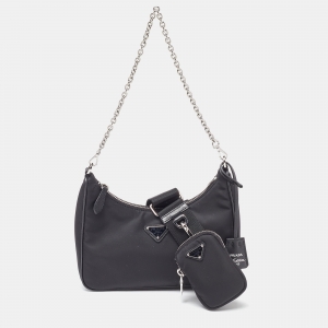 Pre Owned Prada Black Nylon and Leather Re-Edition 2005 Shoulder Bag