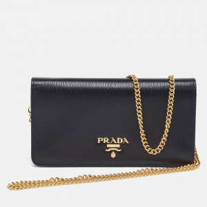 Prada Black Vitello Move Leather Wallet On Chain