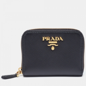 Pre Owned Prada Black Leather Zip Around Compact Wallet
