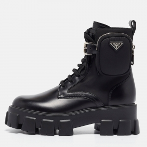 Prada Black Leather Monolith Platform Ankle Boots Size 40