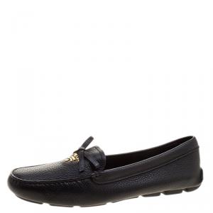Pre Owned Prada Black Leather Bow Loafers Size 38.5