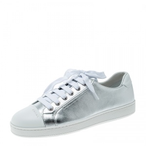 Pre Owned Prada Metallic Silver Leather Low Top Sneakers Size 37