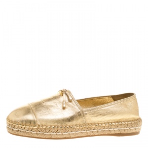 Pre Owned Prada Metallic Gold Leather Bow Detail Espadrilles Size 37.5