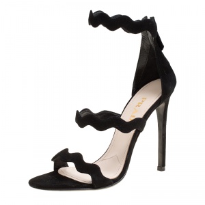 Pre Owned Prada Black Suede Scalloped Open Toe Sandals Size 36