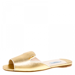 Pre Owned Prada Metallic Gold Saffiano Leather Flat Slides Size 39