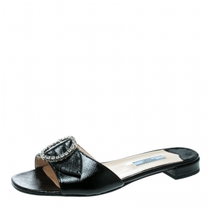 Pre Owned Prada Black Patent Saffiano Leather Crystal Embellished Flat Slides Size 38