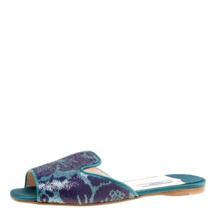 Pre Owned Prada Blue/Green Floral Sequins Embellished Flat Slides Size 38