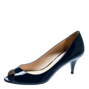 Pre Owned Prada Blue Patent Leather Peep Toe Pumps Size 36.5