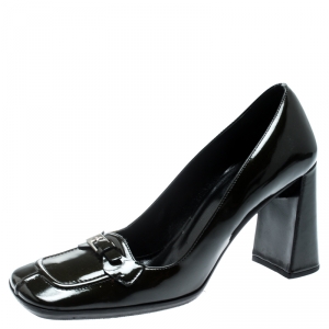 Pre Owned Prada Dark Green Patent Leather Buckle Detail Block Heel Pumps Size 36.5