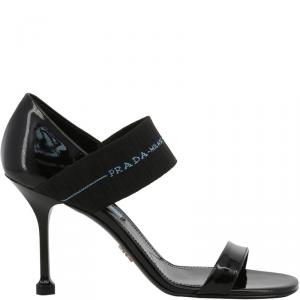 Pre Owned Prada Black Patent Leather With Elasticized Strap Open Toe Sandals Size 39