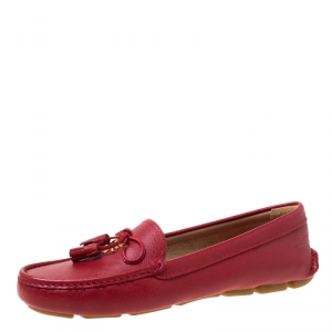 Pre Owned Prada Red Saffiano Leather Bow Detail Loafers Size 38.5