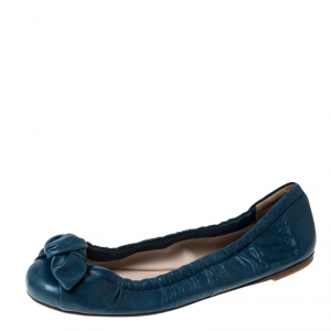Pre Owned Prada Blue Leather Bow Detail Scrunch Ballet Flats Size 38