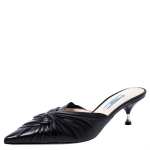 Prada Black Leather Kitten Heel Twist Mule Sandals 37.5