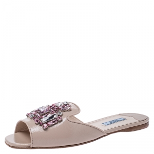 Pre Owned Prada Beige Saffiano Leather Crystal Embellished Flat Slides Size 38