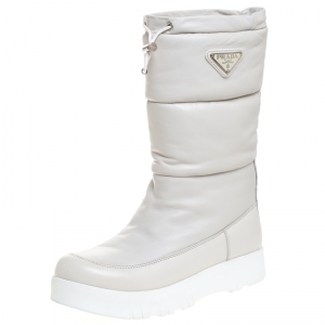 Pre Owned Prada Sport White Leather Platform Wedge Mid Calf Winter Boots Size 39