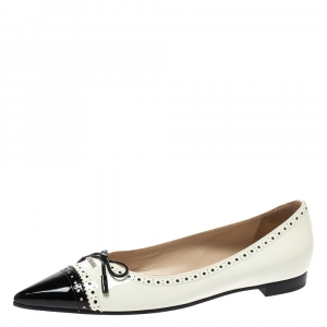 Pre Owned Prada White/Black Patent Leather Bow Pointed Toe Ballet Flats Size 38