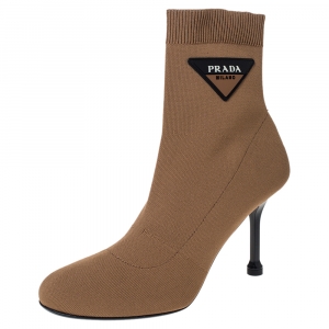 Pre Owned Prada Beige/Black Stretch Knit Fabric Slip On Ankle Booties Size 37.5