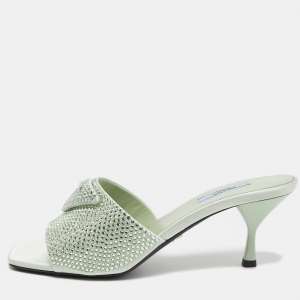Pre Owned Prada Mint Green Satin Crystal Embellished Logo Slide Sandals Size 40