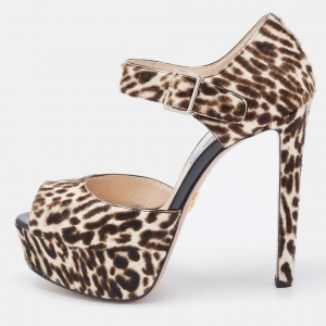 Prada Brown/White Animal Print Calf Hair Platform Ankle Strap Sandals Size 36
